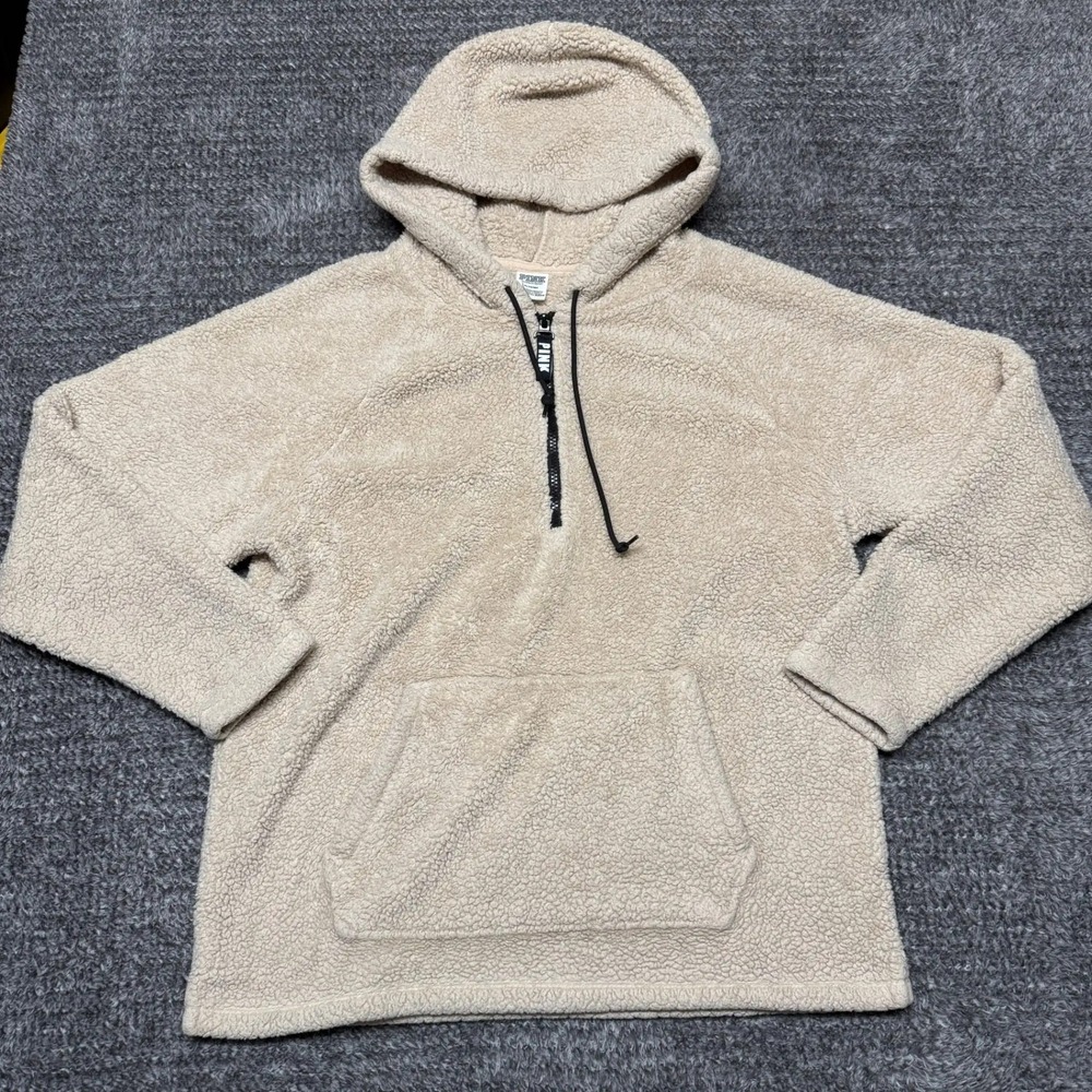 PINK Victorias Secret Womens Sherpa Teddy Hoodie M Tan Quarter Zip Pullover